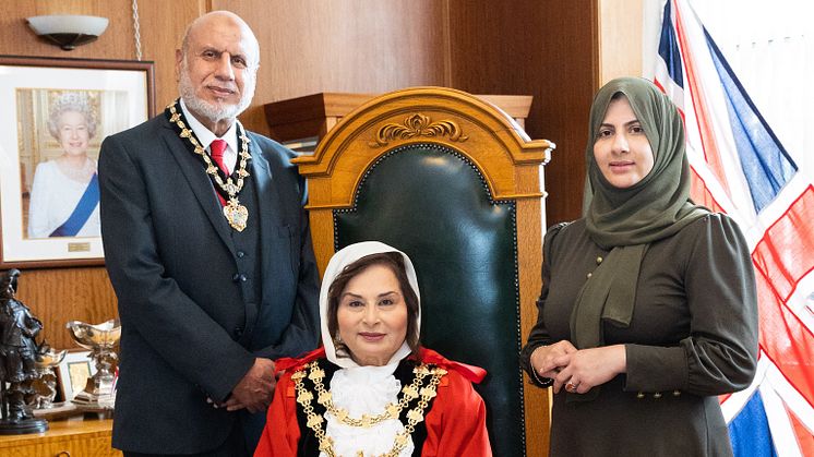 The new Mayor of Bury, Cllr Shaheena Haroon, with her husband Mr Raja Haroon Khan who will serve as the Mayor's Consort and her daughter, Cllr Ayesha Arif, who will be her Mayoress.
