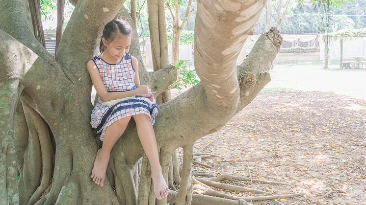 I sommar uppmuntrar biblioteken barn och unga att läsa överallt, även i träd.