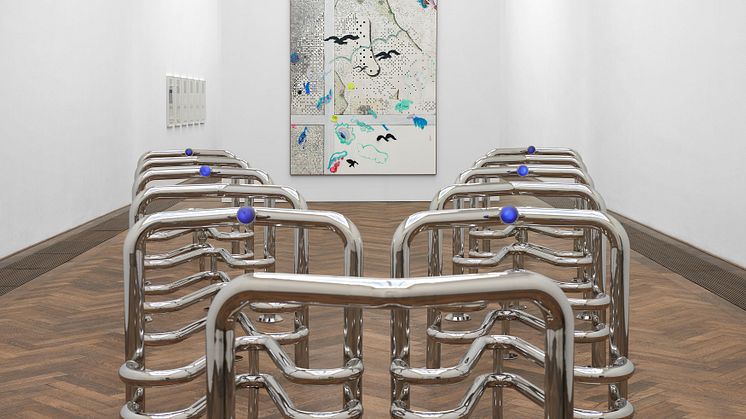 INFORMATION (Today), Kunsthalle Basel, 2021. I front: Marguerite Humeau, Riddles (Jaws), 2017–2021 . Bak: Laura Owens, Untitled [SMS +41 79 807 86 34], 2021. Foto: Philipp Hänger / Kunsthalle Basel