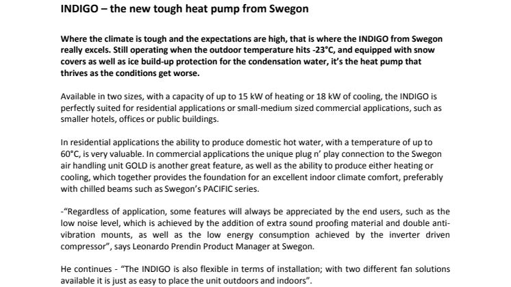 INDIGO – the new tough heat pump from Swegon
