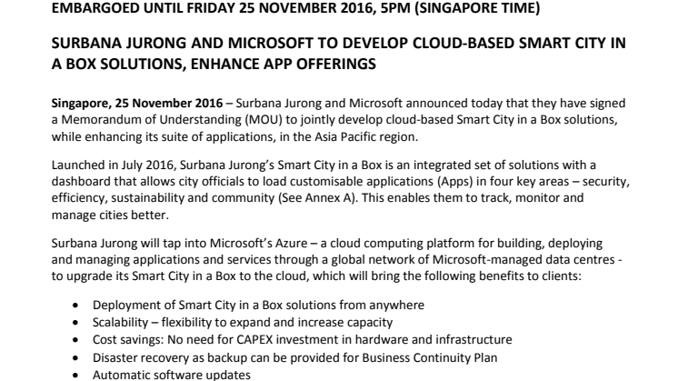 Surbana Jurong and Microsoft to develop cloud-based Smart City in a Box solutions, enhance app offerings