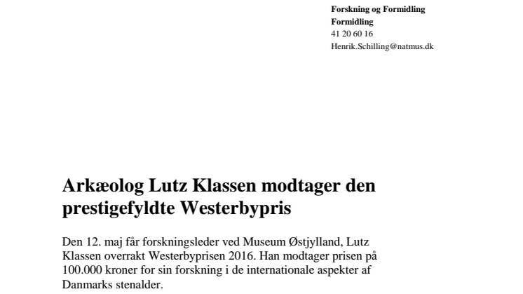 Arkæolog Lutz Klassen modtager den prestigefyldte Westerbypris