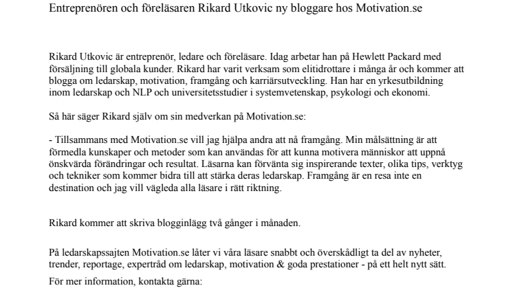  Entreprenören och föreläsaren Rikard Utkovic ny bloggare hos Motivation.se