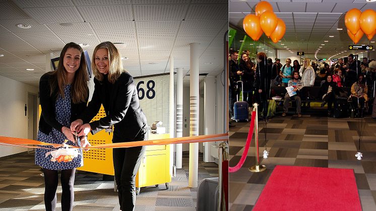 Passageraren Chloé Chêne och Elizabeth Axtelius, direktör för Aviation Business på Swedavia, inviger den nya flyglinjen på Arlanda.