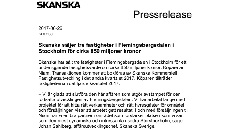 Skanska säljer tre fastigheter i Flemingsbergsdalen i Stockholm för cirka 850 miljoner kronor