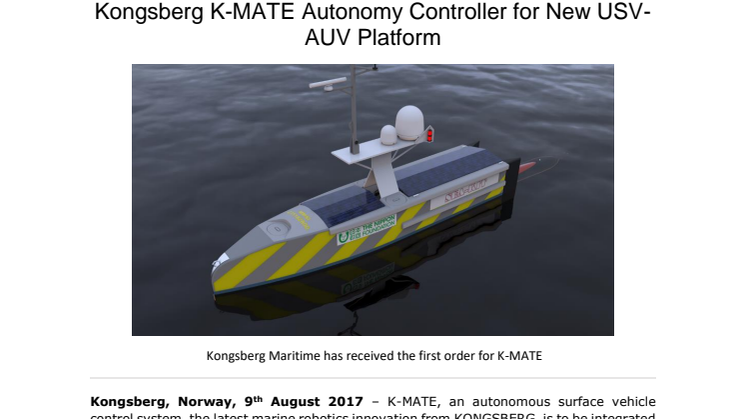 Kongsberg Maritime: Kongsberg K-MATE Autonomy Controller for New USV-AUV Platform