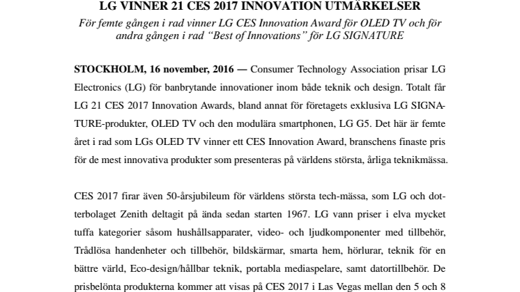 LG VINNER 21 CES 2017 INNOVATION UTMÄRKELSER 