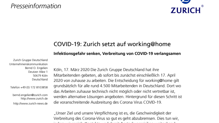 COVID-19: Zurich setzt auf working@home