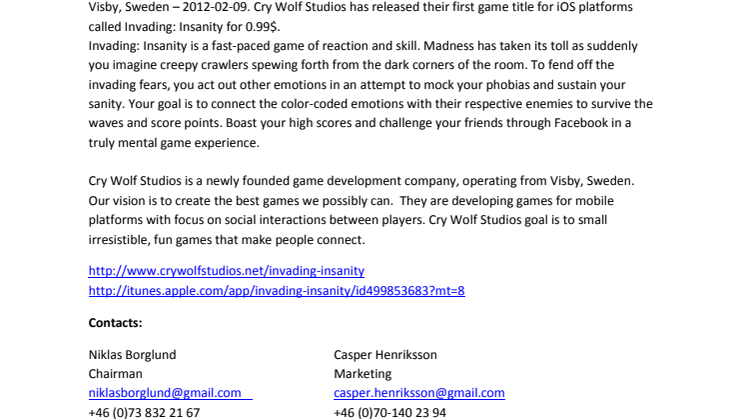 Cry Wolf Studios Launches Invading: Insanity for iOS platforms