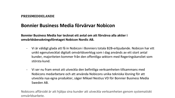 Bonnier Business Media förvärvar Nobicon