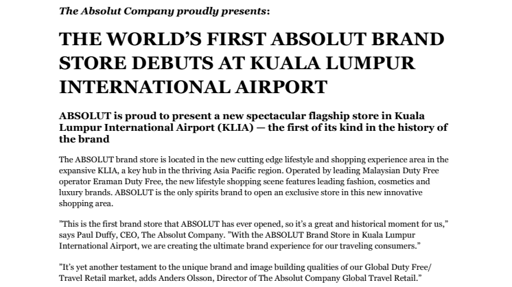 THE WORLD’S FIRST ABSOLUT BRAND STORE DEBUTS AT KUALA LUMPUR INTERNATIONAL AIRPORT