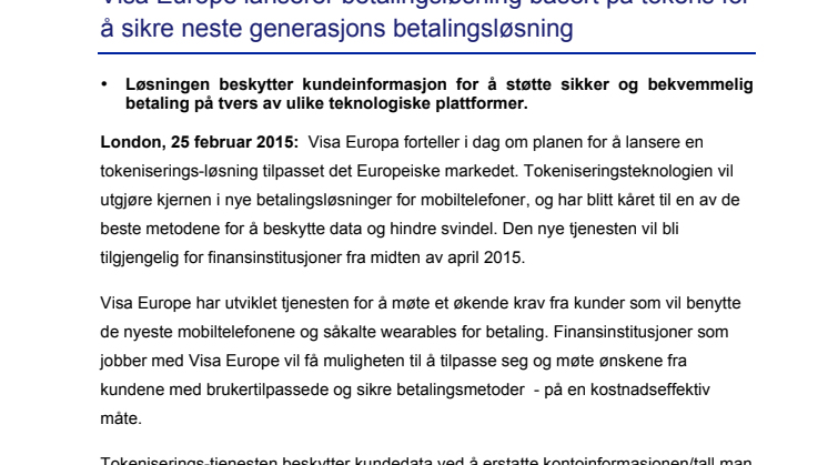 Visa Europe lanserer betalingsløsning basert på tokens for å sikre neste generasjons betalingsløsning