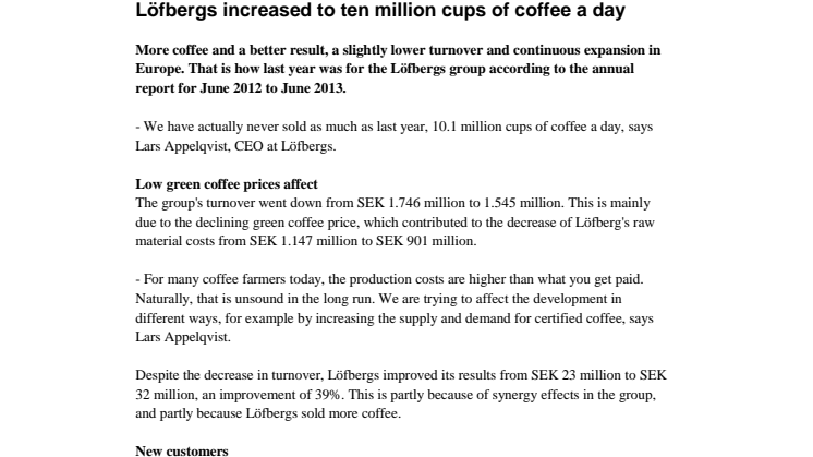Löfbergs increased to ten million cups of coffee a day