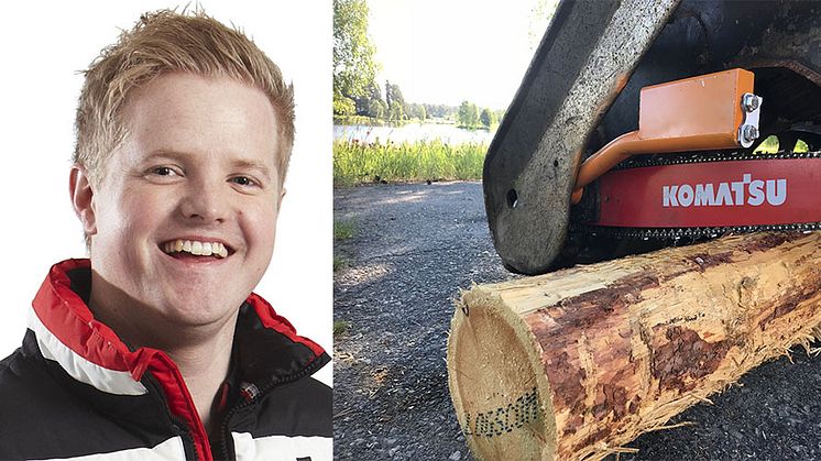 Logscoms VD Martin Englund och Woodland Inkjet monterat på skördare.