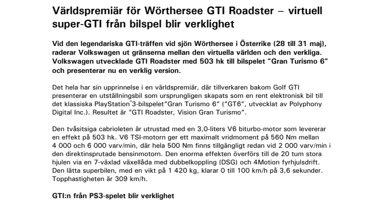 Världspremiär för Wörthersee GTI Roadster – virtuell super-GTI från bilspel blir verklighet