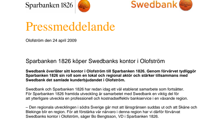 Sparbanken 1826 köper Swedbanks kontor i Olofström