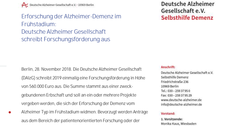 Erforschung der Alzheimer-Demenz im Frühstadium:  Deutsche Alzheimer Gesellschaft schreibt Forschungsförderung aus 