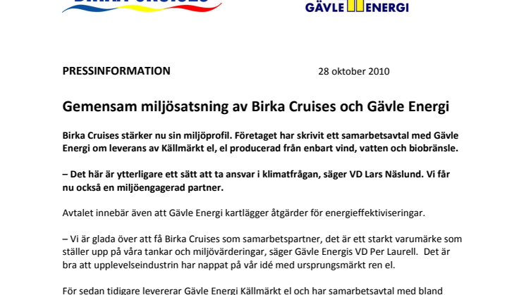 Gemensam miljösatsning av Birka Cruises och Gävle Energi