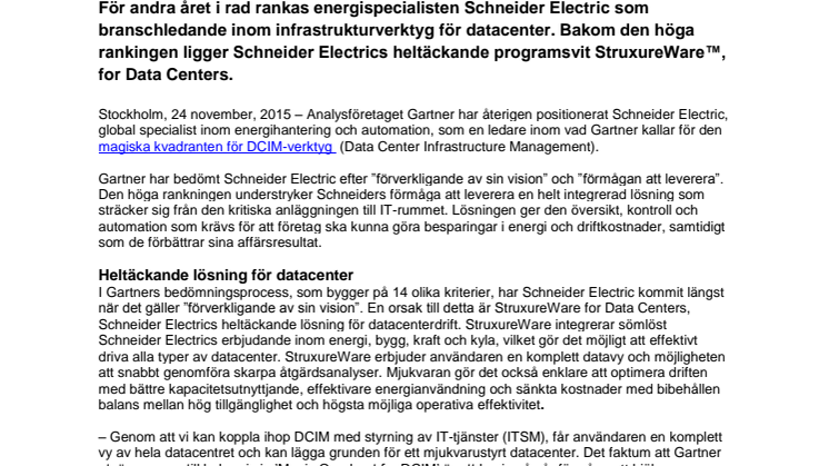 Schneider Electrics mjukvara för drift och övervakning av datacenter, StruxureWare™ åter högst rankad av Gartner 