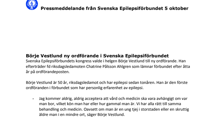 Börje Vestlund ny ordförande i Svenska Epilepsiförbundet