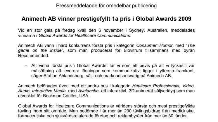 Animech AB vinner prestigefyllt 1a pris i Global Awards 2009
