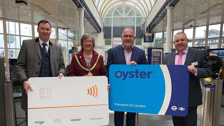 Hertford North on the cards: (left to right) Great Northern's Area Manager Mark Powell, Hertford Mayor Cllr Beryl Wrangles, Town Clerk Joseph Whelan and Station Manager Duncan Primrose celebrate the arrival of pay as you go travel