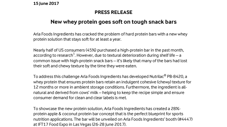 Press release – New whey protein goes soft on tough snack bars