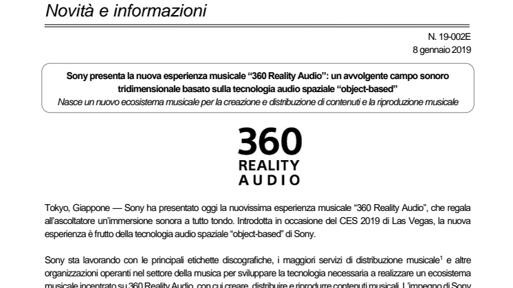 Sony presenta la nuova esperienza musicale “360 Reality Audio”: un avvolgente campo sonoro tridimensionale basato sulla tecnologia audio spaziale “object-based” 