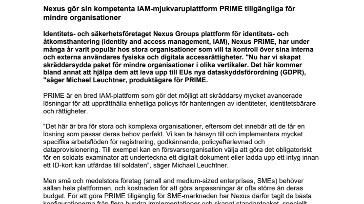 Nexus gör sin kompetenta IAM-mjukvaruplattform PRIME tillgängliga för mindre organisationer