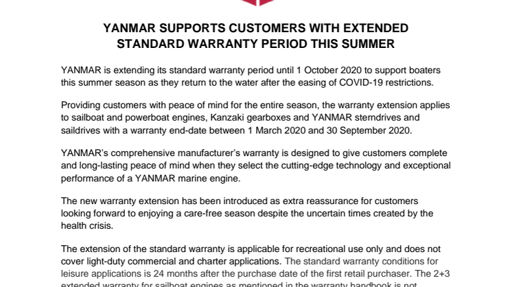 YANMAR Supports Customers with Extended Standard Warranty Period this Summer