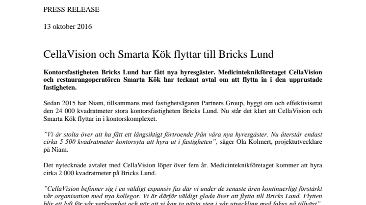 CellaVision och Smarta Kök flyttar till Bricks Lund