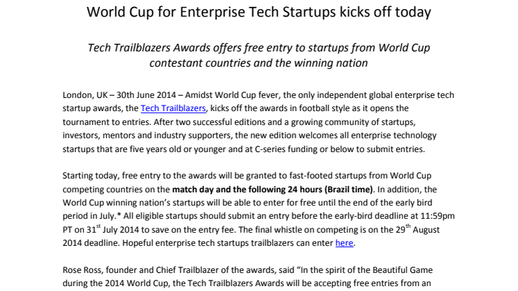 World Cup for Enterprise Tech Startups kicks off today:  Tech Trailblazers Awards offers free entry to startups from World Cup contestant countries and the winning nation 