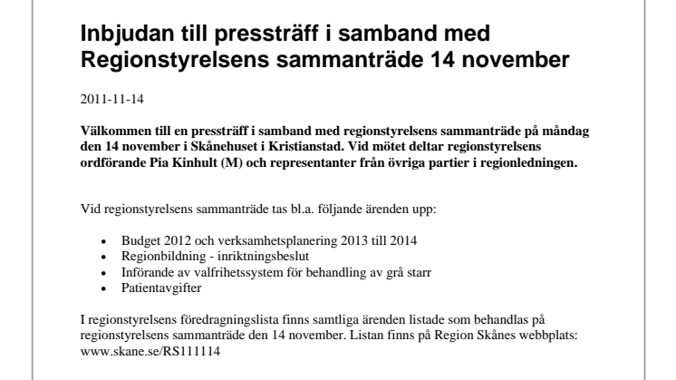 Pressinbjudan i samband med Regionstyrelsens sammanträde den 14 november  