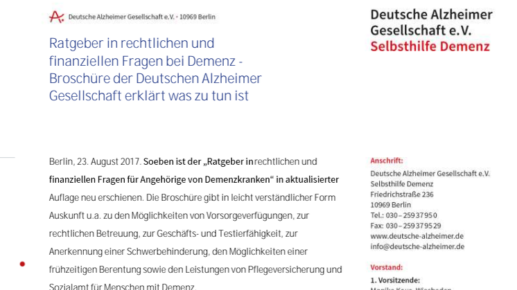 Ratgeber in rechtlichen und finanziellen Fragen bei Demenz - Broschüre der Deutschen Alzheimer Gesellschaft erklärt was zu tun ist