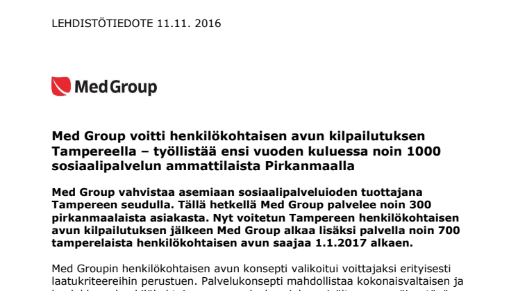 Med Group voitti henkilökohtaisen avun kilpailutuksen Tampereella – työllistää ensi vuoden kuluessa noin 1000 sosiaalipalvelun ammattilaista Pirkanmaalla