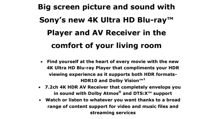 Sony lancerer ny 4K Ultra HD Blu-ray-afspiller og AV-Receiver