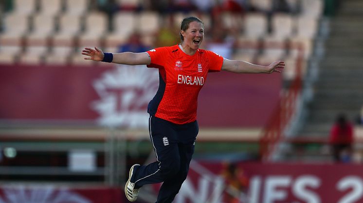 Anya Shrubsole celebrates her World T20 hat-trick. Photo: Getty Images