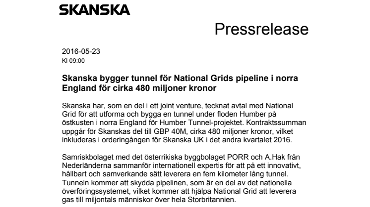 Skanska bygger tunnel för National Grids pipeline i norra England för cirka 480 miljoner kronor