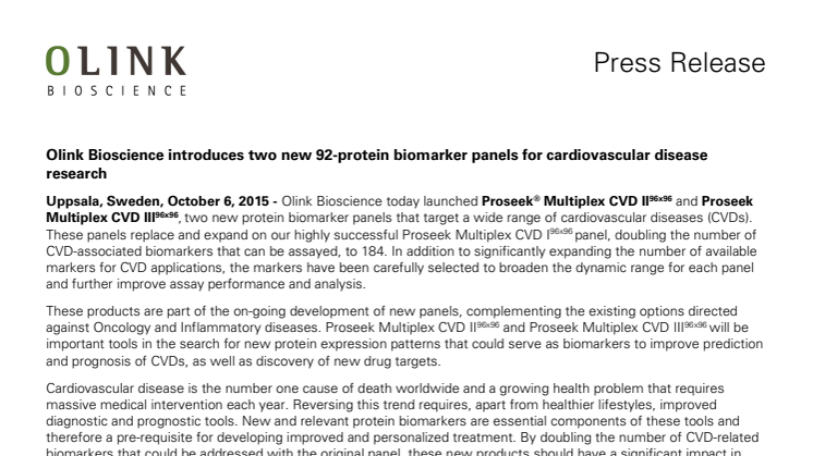 Olink Bioscience introduces two new 92-protein biomarker panels for cardiovascular disease research