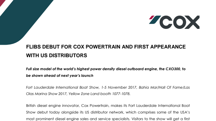 Cox Powertrain: FLIBS Debut for Cox Powertrain and First Appearance with US Distributors