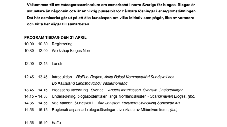 Program Biogasseminarium 21-22 april Sundsvall