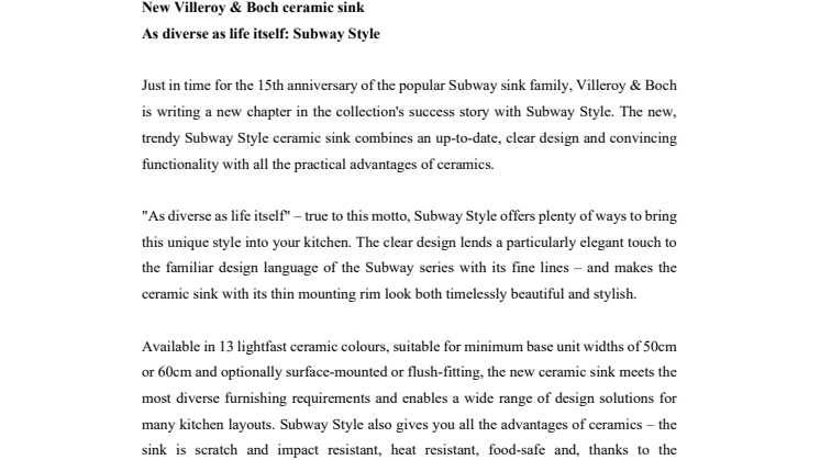 New Villeroy & Boch ceramic sink - As diverse as life itself: Subway Style