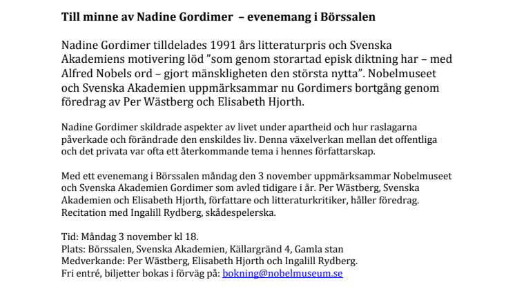 Till minne av Nadine Gordimer