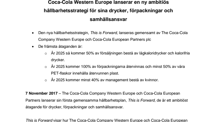 Coca-Cola Western Europe lanserar en ny ambitiös hållbarhetsstrategi för sina drycker, förpackningar och samhällsansvar