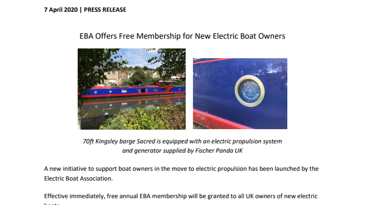 EBA Offers Free Membership for New Electric Boat Owners