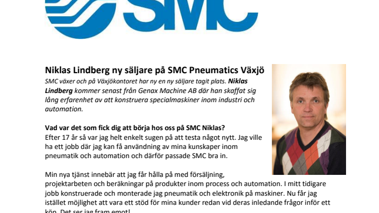 ​Niklas Lindberg ny säljare på SMC Pneumatics Växjö