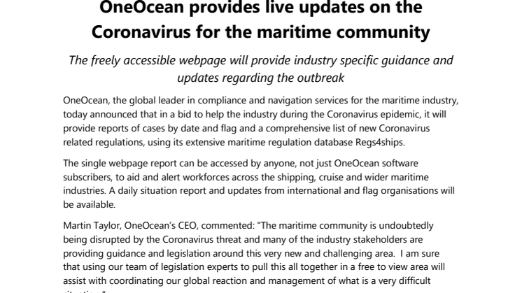 OneOcean provides live updates on the Coronavirus for the maritime community  