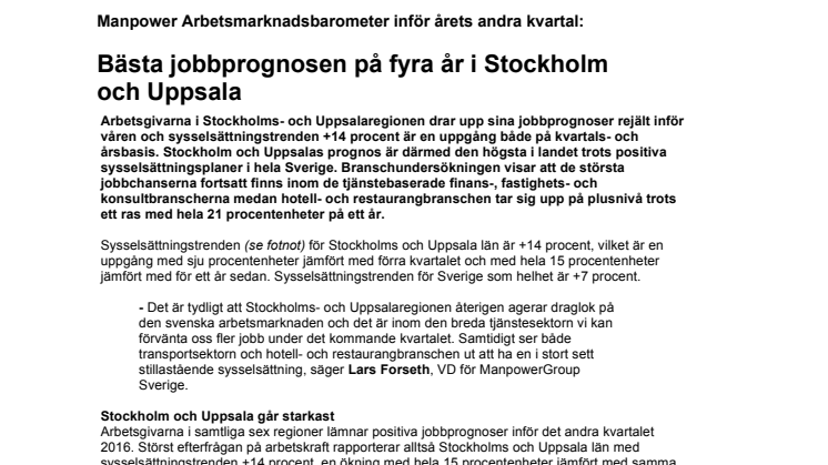 Bästa jobbprognosen på fyra år i Stockholm  och Uppsala