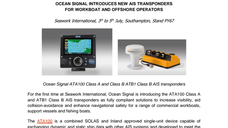 Ocean Signal Introduces New AIS Transponders for Workboat and Offshore Operators