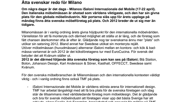 Åtta svenska möbelföretag redo för Milano